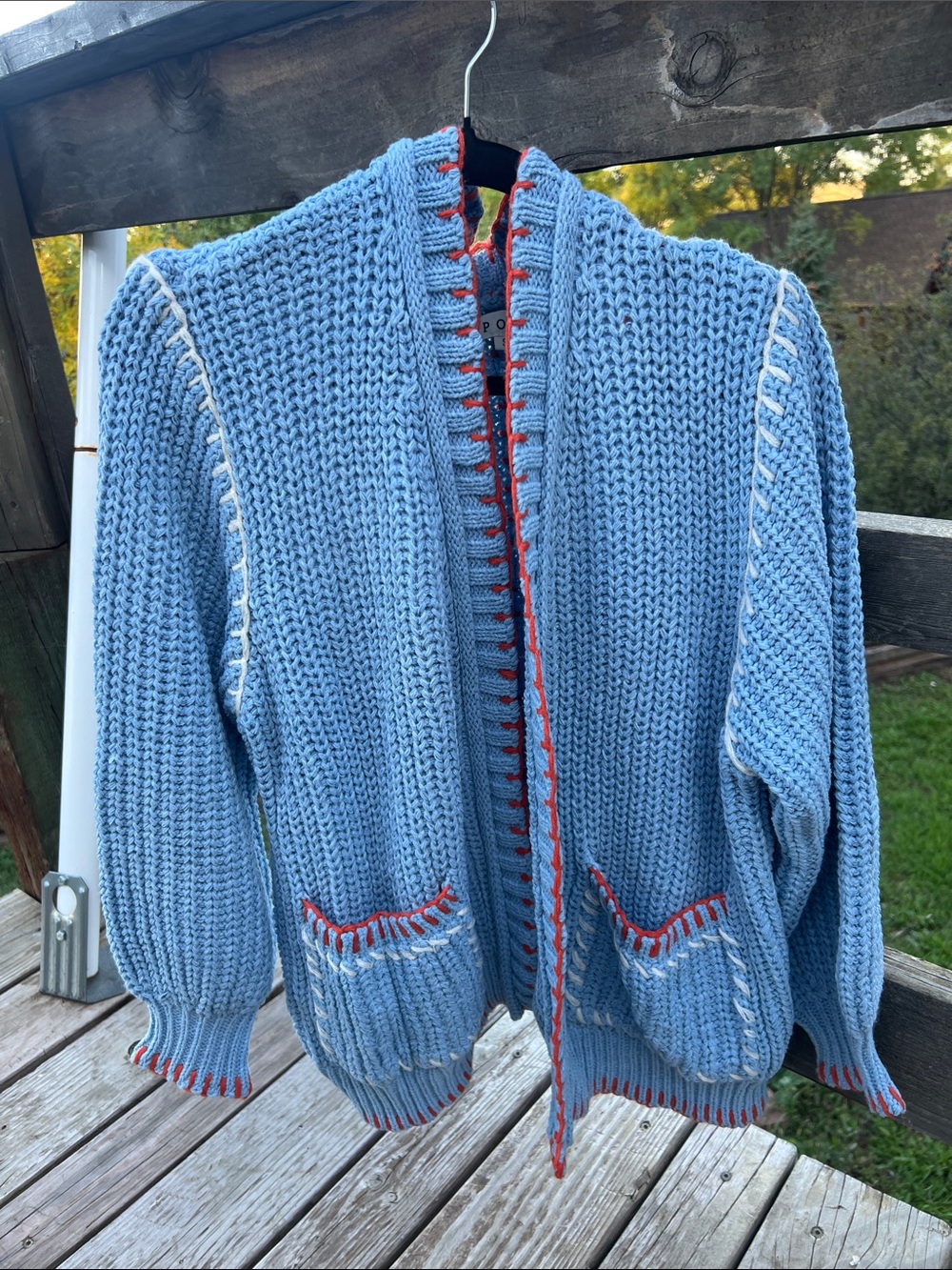 POL Blue Hand-Knit Open Cardigan Sweater with Orange & White Trim Small